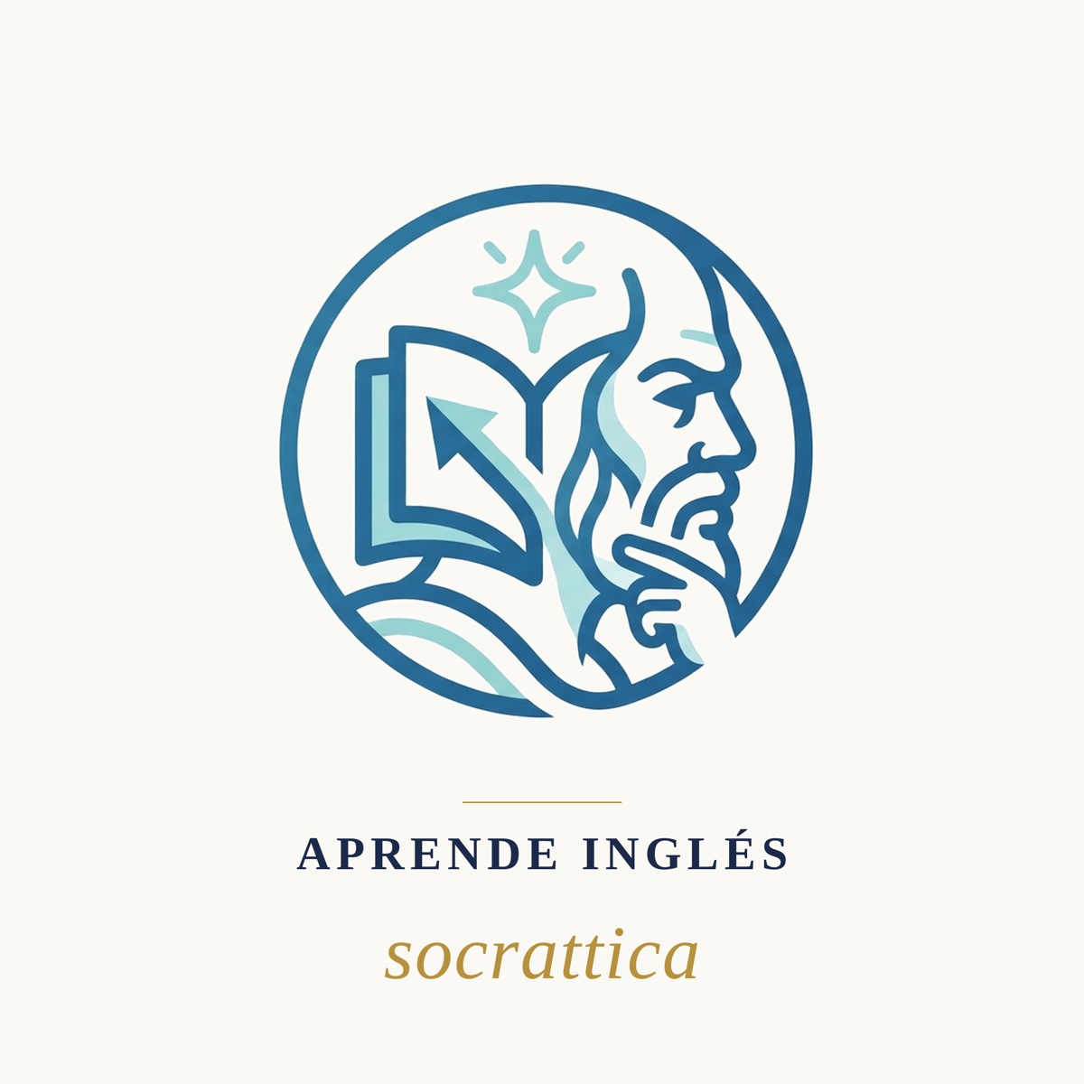 Emblema de Socrattica, un libro junto a una figura pensante